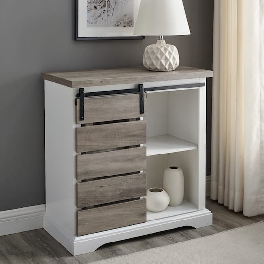 Edison Walker 32" Solid White & Grey Wash Two-Tone Sliding Slat Door Accent Cabinet